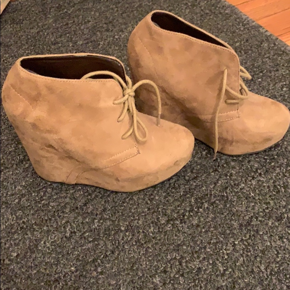 Tan Suede lace up wedge boots